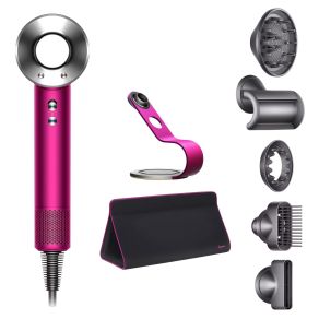 Фен Dyson Supersonic HD07 (фуксия/яркий никель) с 5 насадками, черным дорожным чехлом и подставкой
