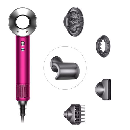 Фен Dyson Supersonic HD07 (фуксия/яркий никель) с 5 насадками и черным дорожным чехлом
